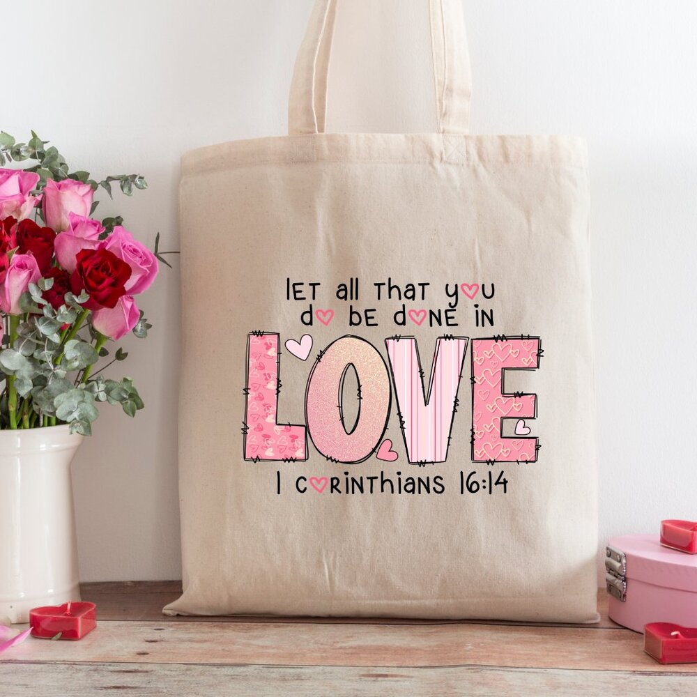Women's Pink Valentines Love Faith Religious Heavy Canvas Custom Tote Bag - Picture 1 of 3